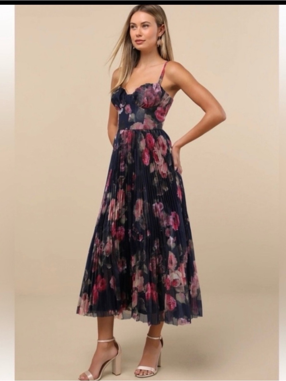 Lulu's Navy Floral Midi Dress with Pink & Purple Accents
